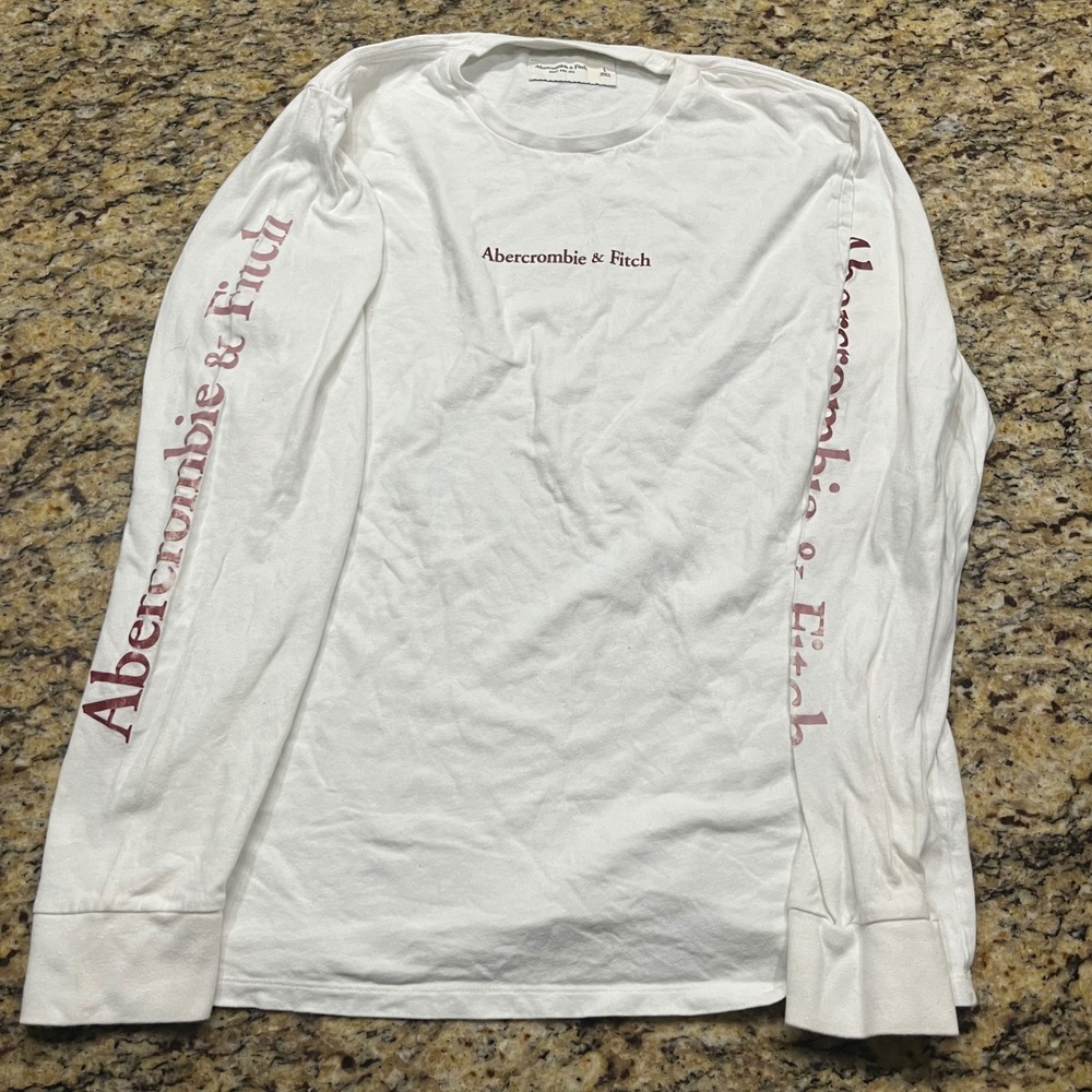 Abercrombie & Fitch Mens Long Sleeve Graphic Tee White Burgundy Logo Large